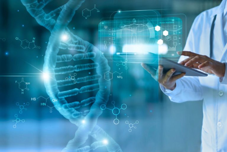 Medicine doctor touching electronic medical record on tablet. DNA. Digital healthcare and network connection on hologram modern virtual screen interface, medical technology and network concept